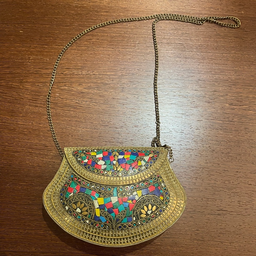 Gold and multicolor evening bag with long chain strap